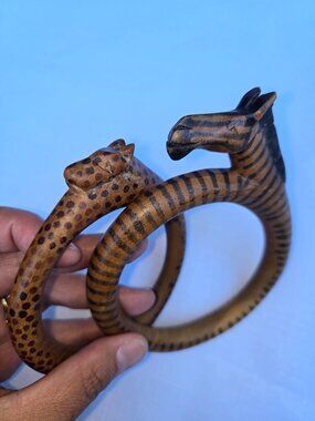 Hand Carved Wooden Animal Bracelets Bangles Set of 2 Zebra and Leopard